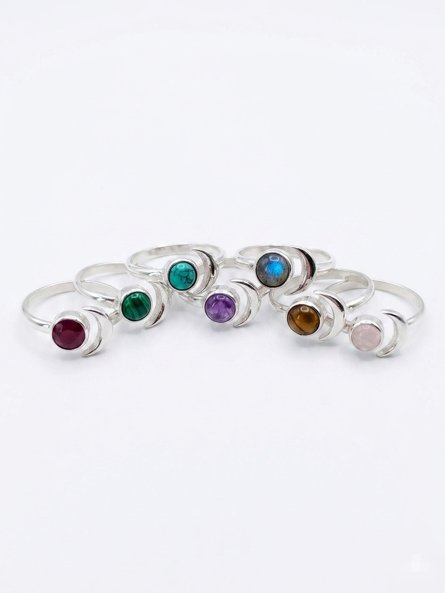 Anillo Luna de plata de ley y minerales
