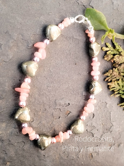 Pulsera de corazones de pirita, hematite y rodocrosita