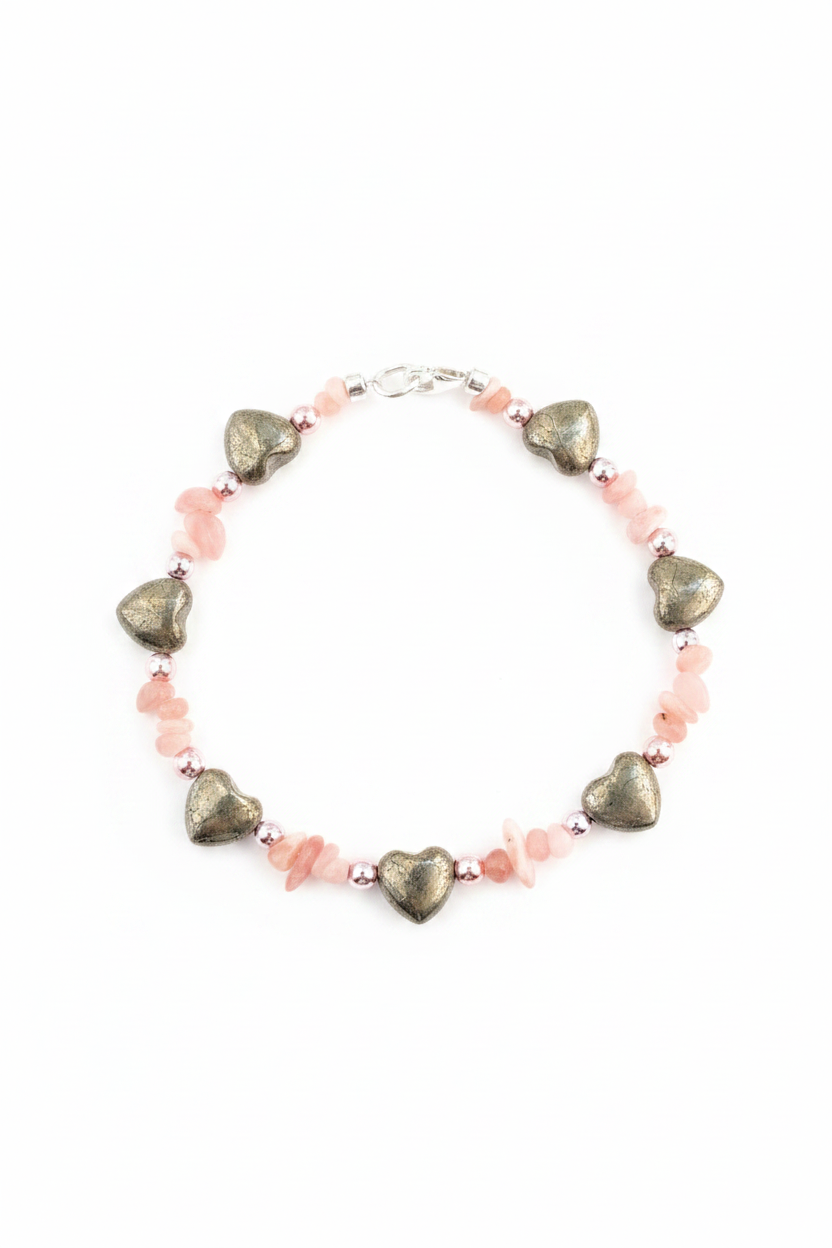 Pulsera de corazones de pirita, hematite y rodocrosita