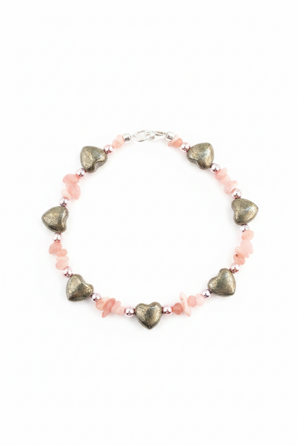 Pulsera de corazones de pirita, hematite y rodocrosita