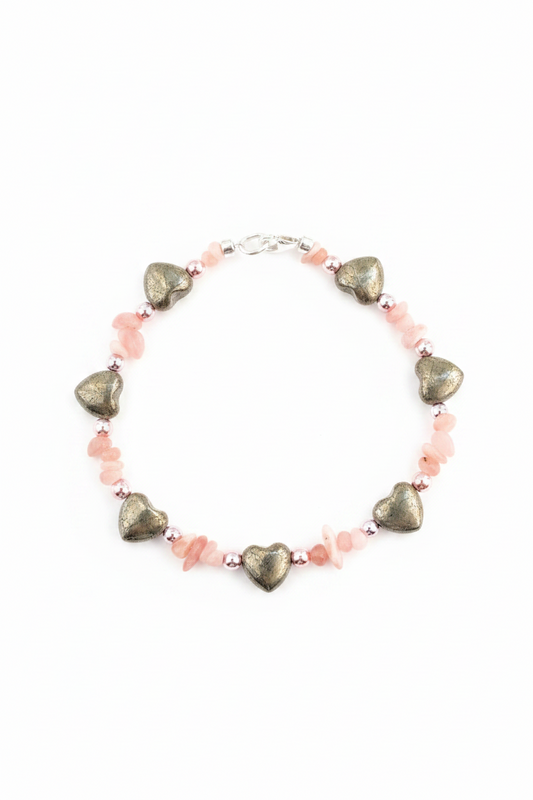 Pulsera de corazones de pirita, hematite y rodocrosita