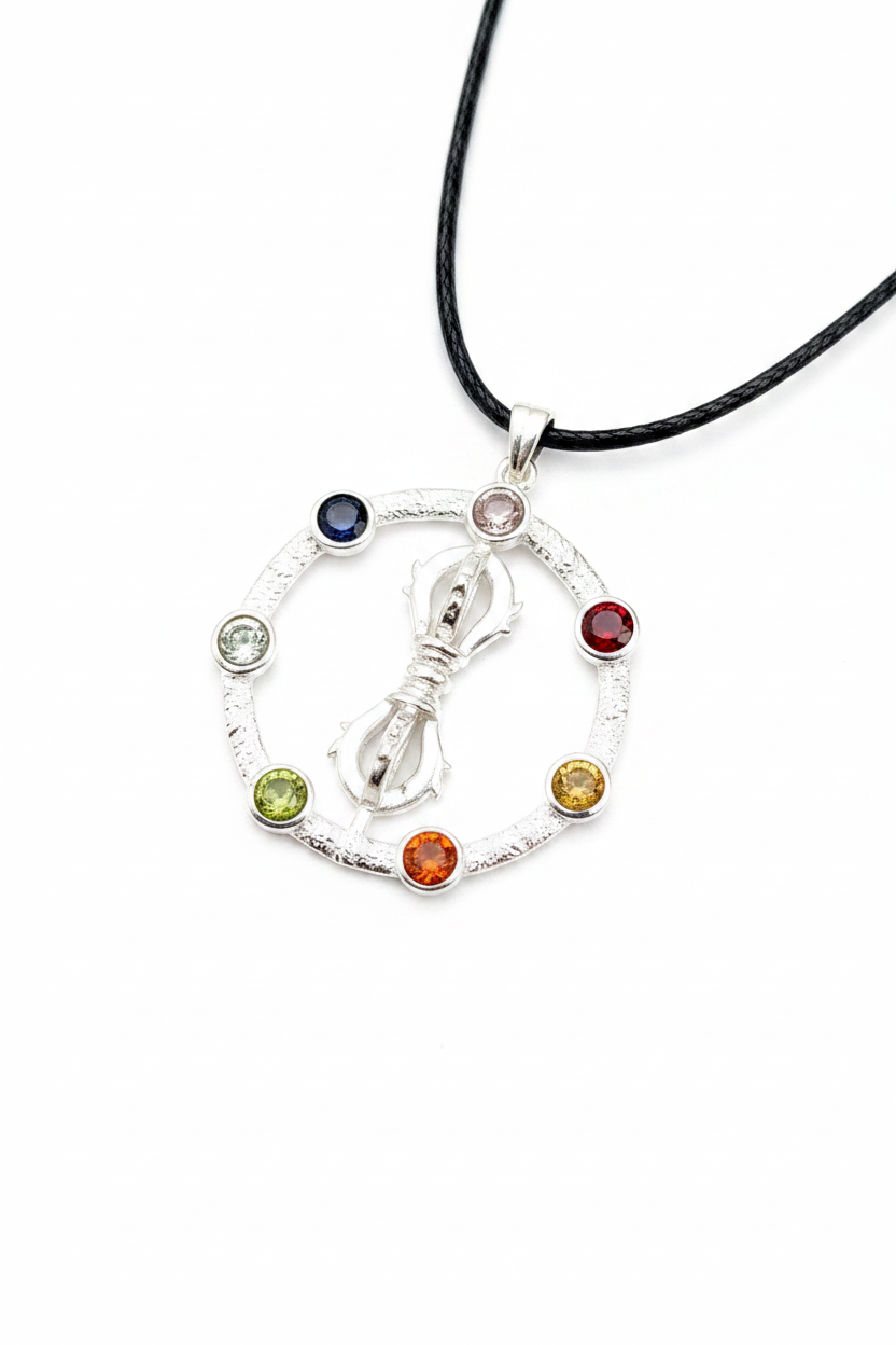 Símbolo budista, y minerales de los chakras, colgante plata de ley