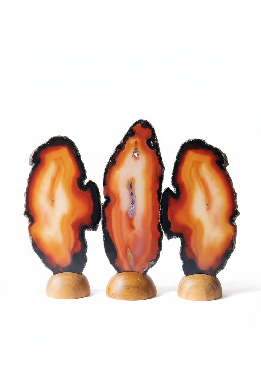 Tres rodajas de Carneola con Base de madera