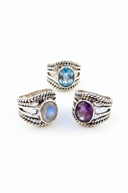 Anillos en plata de ley y Minerales varios. Modelo 00214