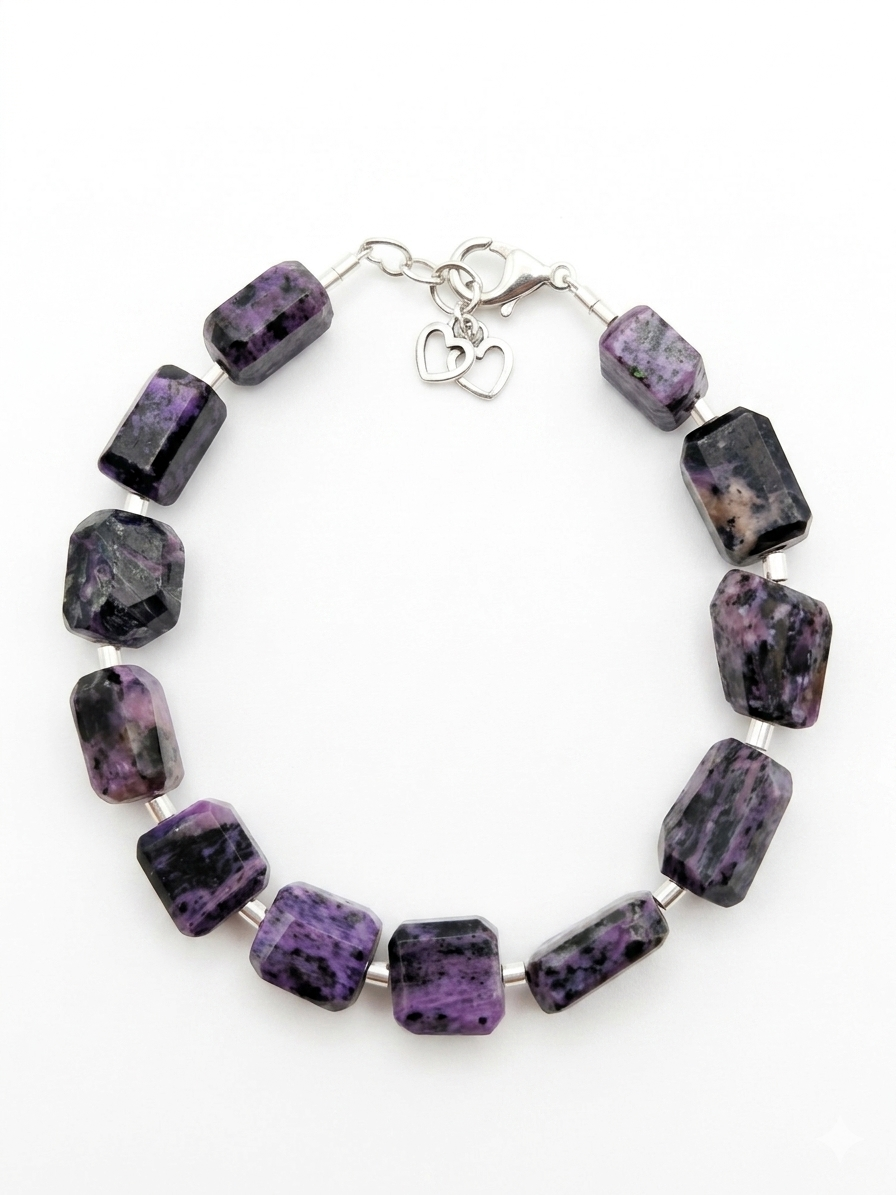 Pulsera de Charoita auténtica tallada artesanalmente y plata de ley