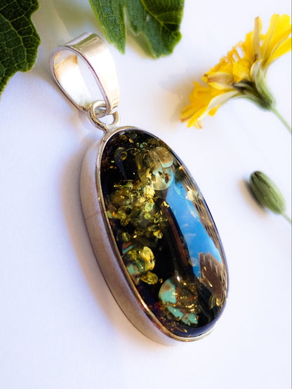 Colgante de Ámbar Verde y Plata de ley