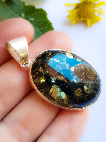 Colgante de Ámbar Verde y Plata de ley