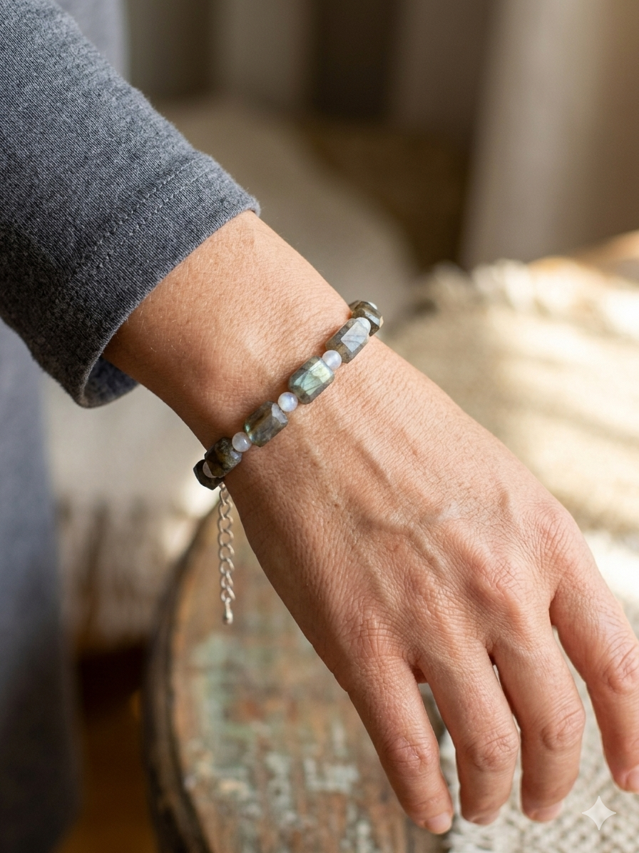 Pulsera artesanal de Labradorita y Piedra Luna