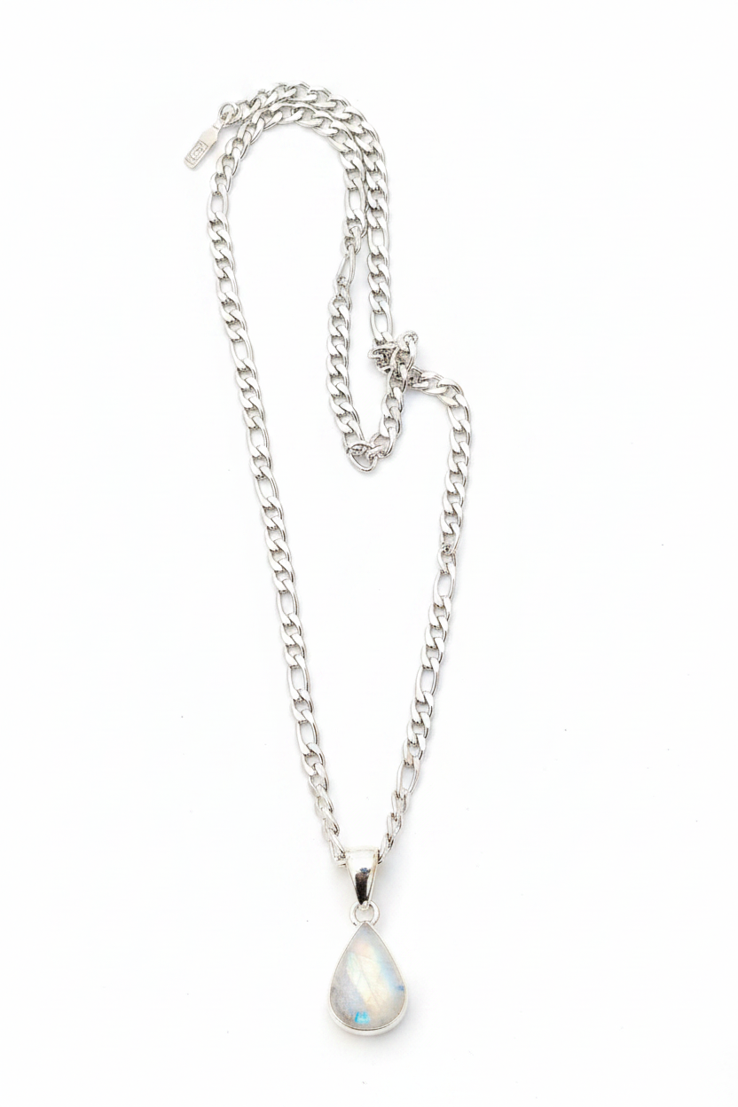 Cadena de Acero y Colgante de Piedra Luna y Plata de Ley