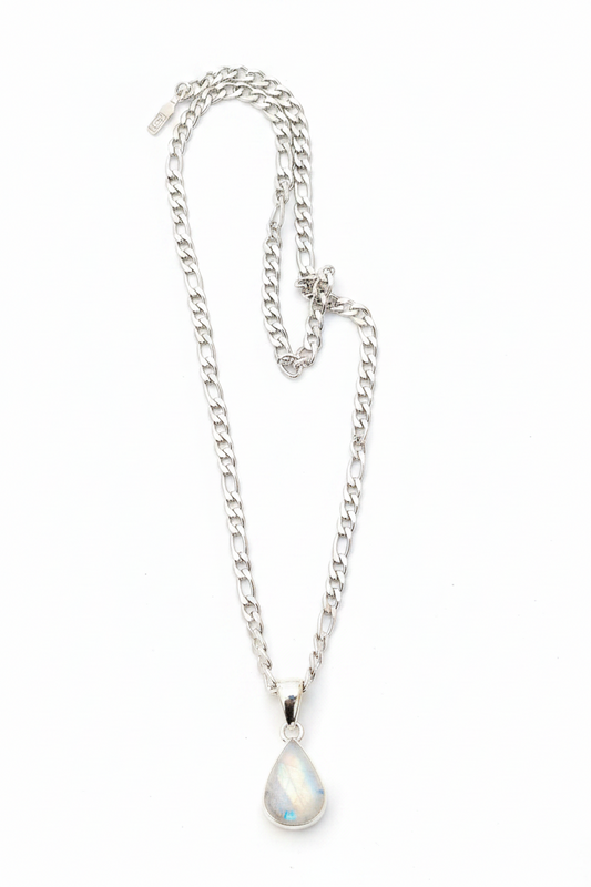 Cadena de Acero y Colgante de Piedra Luna y Plata de Ley