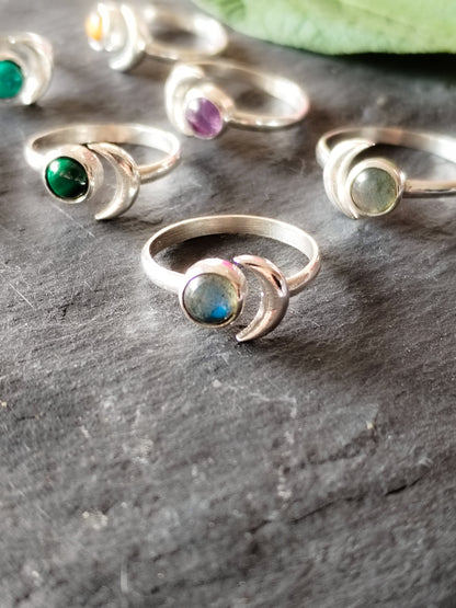 Anillo Luna de plata de ley y minerales